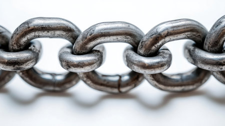 Strong interlocked steel chain arranged in circular shape on white backdrop, symbolizing unity, teamwork, and connectionの素材