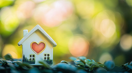 Tiny house figurine with heart icon on its roof, captured in close-up with blurred greenery background, symbolizing eco-friendly living and family loveの素材