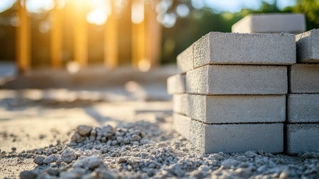 Stack of cement blocks on a sunny construction site, with scattered gravel and sand, representing building materials and infrastructure developmentの素材