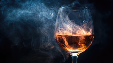 Smoky vapors escaping a wine glass, captured in high detail with swirling motion, evoking mystery and sophistication on dark backdropの素材