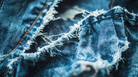 Torn denim jeans with frayed rips and threads, captured in macro, showcasing edgy street fashion and distressed casual wear conceptの素材