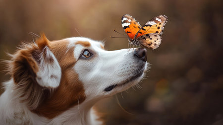 Sweet portrait of a dog patiently holding still as a butterfly rests on its nose, symbolizing gentleness, peace, and natural connectionの素材