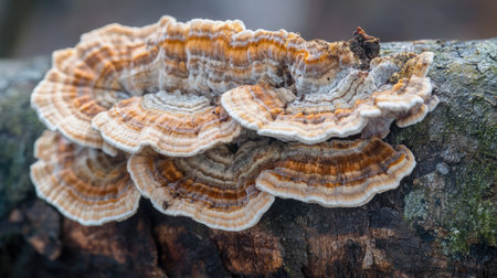Detailed shot of mushroom-like fungus growing on tree trunk, representing nature's cycle, decomposition, and woodland lifeの素材