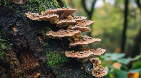 Detailed shot of mushroom-like fungus growing on tree trunk, representing nature's cycle, decomposition, and woodland lifeの素材