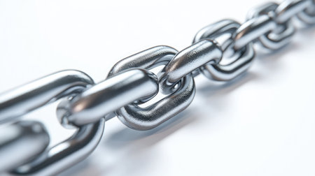 Shiny steel chain twisted and coiled on white background, symbolizing endurance, connection, and industrial utilityの素材