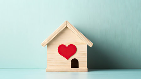 Small wooden model house with a red heart icon on the front wall, symbolizing love, family, and home, placed on a soft pastel background for lifestyle conceptsの素材