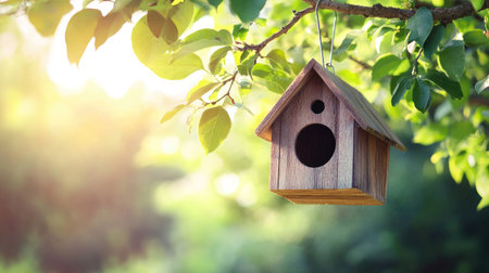Rustic wooden birdhouse with pitched roof hanging on a tree branch, surrounded by fresh green leaves, symbolizing wildlife care and natural outdoor livingの素材