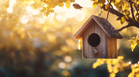 Traditional wooden birdhouse with roof hanging on a branch, captured with morning sunlight and soft bokeh, representing care for birds and natureの素材