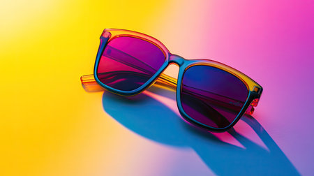 Trendy multicolor sunglasses photographed on bright solid background, emphasizing bold modern style and summer vibesの素材