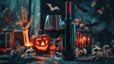 Wine bottle and glass styled for Halloween, surrounded by skeleton hands, bats, and haunted house decorations with dim lightingの素材