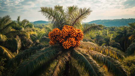 Tropical palm oil trees with ripe orange fruits clustered at the top, ready for harvest, symbolizing agriculture, industry, and natural resourcesの素材