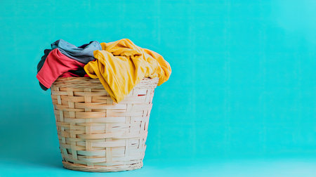 Wooden laundry basket full of casual clothing against a turquoise background, showcasing household chores, cleanliness, and home living conceptsの素材