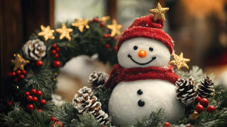 Cute snowman smiling joyfully, sitting near holiday wreath decorated with pinecones, berries, and golden stars, creating festive vibesの素材