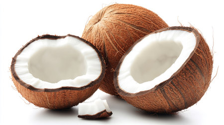 Whole coconut beside a half-opened one, isolated on a white background, representing natural food, healthy diet, and tropical fruit photographyの素材