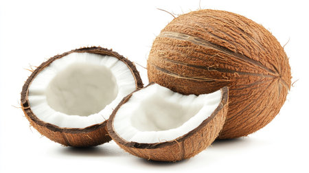 Whole coconut beside a half-opened one, isolated on a white background, representing natural food, healthy diet, and tropical fruit photographyの素材