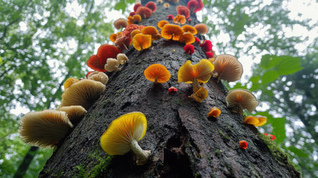 Tree with colorful fungi sprouting along bark, representing natural growth, ecology, and woodland diversityの素材