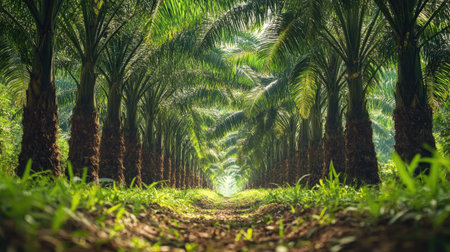 Row of palm oil trees in a plantation, captured from low angle, showing symmetry, tropical growth, and large green leaves for agriculture conceptsの素材