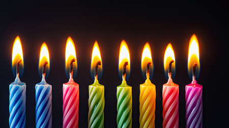 Vibrant birthday candles in different colors burning in a row, symbolizing happiness, fun, and festive momentsの素材