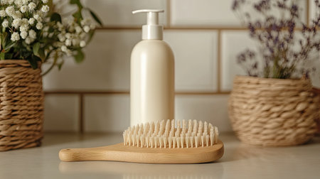 Wooden massage brush with shampoo bottle on clean surface, studio shot highlighting sustainable bathroom accessoriesの素材