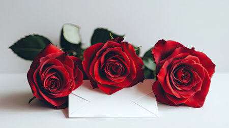 Three fully bloomed red roses resting on a plain white envelope, isolated on a clean background, perfect for Valentine, love, and wedding conceptsの素材