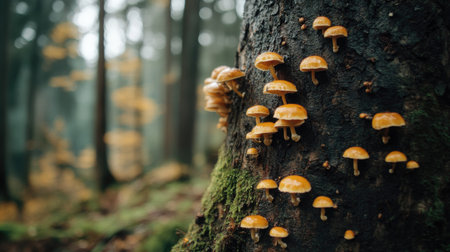 Tree trunk with small fungi colonies emerging from bark, symbolizing growth, forest resilience, and woodland ecologyの素材