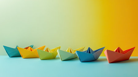 Row of bright origami boats arranged neatly on pastel background, symbolizing organization, teamwork, and creativityの素材