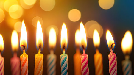 Vibrant glowing birthday candles with yellow-orange flames on simple backdrop, representing festive atmosphere and joyの素材