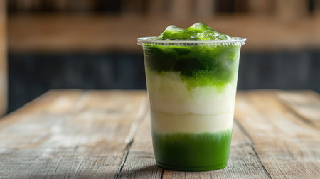 Transparent cup filled with iced matcha latte on wooden table, highlighting vibrant green matcha layer, representing freshness and energyの素材