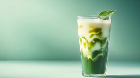 Transparent glass of iced matcha latte with swirling milk, set on clean background, perfect for modern food and drink photographyの素材