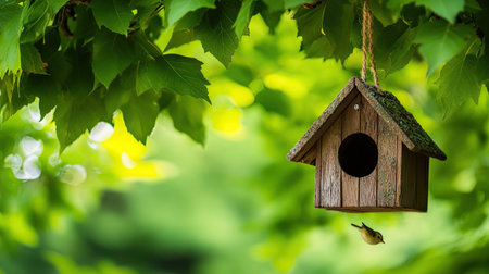 Wooden birdhouse with gabled roof, hanging from a rope on a tree, framed by fresh spring leaves, symbolizing simplicity, nature, and outdoor lifeの素材
