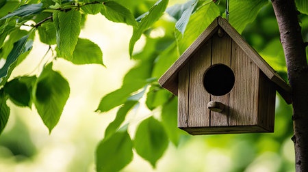 Rustic wooden birdhouse with pitched roof hanging on a tree branch, surrounded by fresh green leaves, symbolizing wildlife care and natural outdoor livingの素材