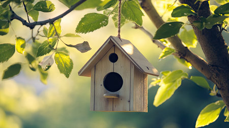 Wooden birdhouse with gabled roof, hanging from a rope on a tree, framed by fresh spring leaves, symbolizing simplicity, nature, and outdoor lifeの素材