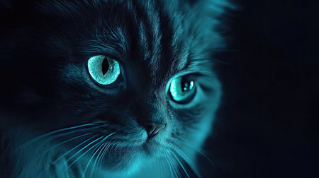 Close-up of a cat with glowing, bright eyes in the dark, gazing intently at the camera.の素材