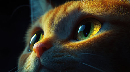 Close-up of a cat's bright, round eyes glowing in the dark, with its gaze fixed and alert.の素材