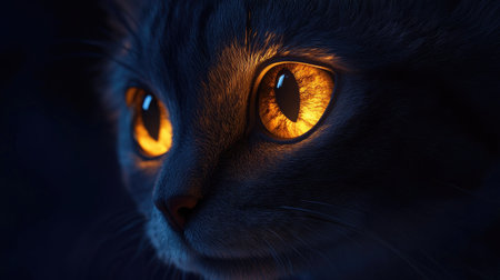 Close-up of a cat's bright, round eyes glowing in the dark, with its gaze fixed and alert.の素材