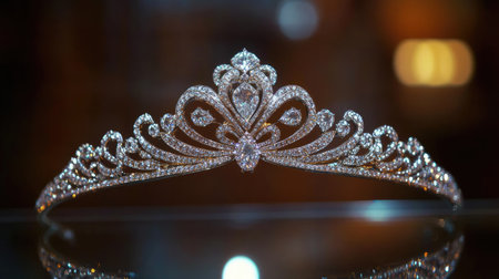 Close-up of a diamond-encrusted silver tiara with intricate details, shining on a reflective surface.の素材