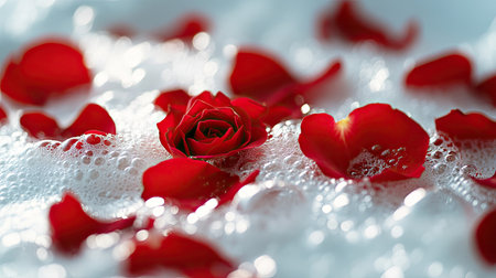 Close-up of a luxurious foam-filled bathtub with red rose petals delicately placed across the bubblesの素材