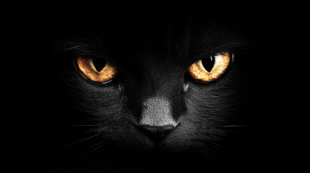 Close-up of a cat's bright eyes in the dark, reflecting a subtle light, surrounded by shadow.の素材