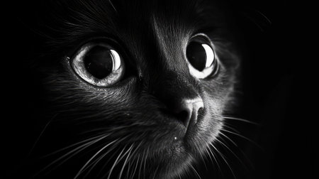 Close-up of a cat's bright, wide eyes in the darkness, showing an intense, curious gaze.の素材