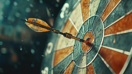 Close-up of a dart stuck in the bullseye with a blurry background, symbolizing focus.の素材