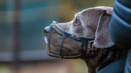 Close-up of a dog in a breathable mesh muzzle, showing trust and comfort with its handler.の素材