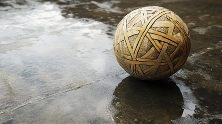 Close-up of a Sepak Takraw ball on a wet concrete floor, showing reflections and texture.の素材