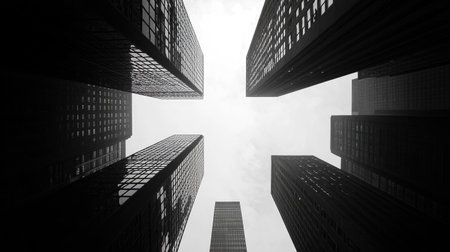 Converging skyscrapers from below, showing clean lines and reflections against a bright sky in an urban environmentの素材