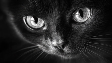 Close-up of a cat's large, bright eyes in a dark room, capturing the curious and haunting beauty.の素材