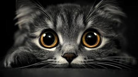 Close-up of a cat with big, bright eyes shining in the dark, capturing its curious and mysterious look.の素材