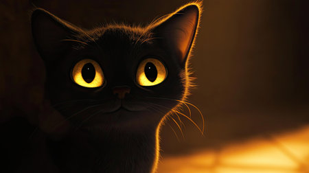 Close-up of a cat's wide, bright eyes in a shadowy room, creating a hauntingly beautiful scene.の素材