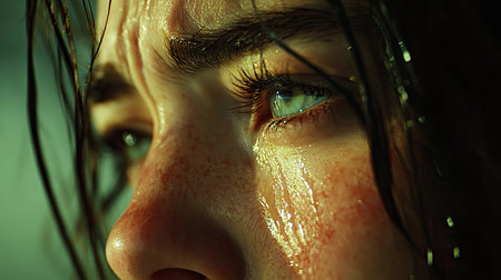 Close-up of a woman's face mid-cry, her eyes red and watery, capturing a moment of raw sadness.の素材