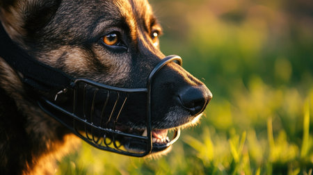 Close-up of a dog's face with a secure muzzle, sitting calmly on green grass.の素材