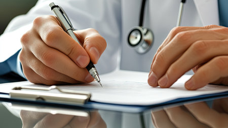 Close-up of doctor's hand writing on a clipboard, emphasizing accuracy and professional care.の素材