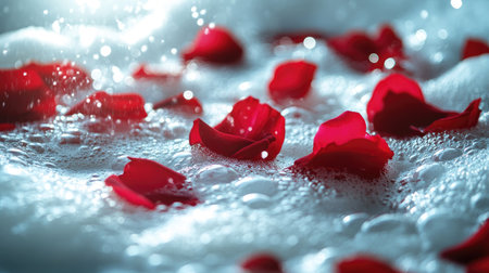 Close-up of a luxurious foam-filled bathtub with red rose petals delicately placed across the bubblesの素材